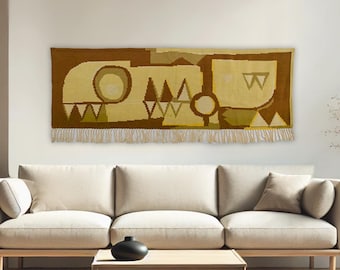 Vintage Mid Century Woven Tapestry | Geometric Retro Boho Wall Decor | Large Mustard & Brown Horizontal Textile Art