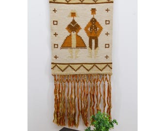Vintage 70s Wall Hanging in Orange Brown: Woven Tapestry with Boho Fringe and Geometric Folk Art