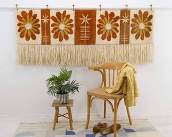 Large Retro Floral Tapestry 69" • Cognac & Rust Flower Power Art • Heavyweight 70s Hand Knotted Wool Rug • Vintage Daisy Headboard