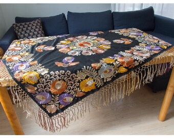 Antique silk embroidery floral tablecloth | Black table runner with colorful flowers and long fringe