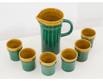 Vintage Ceramic Pitcher Set | Green Mustard Studio Pottery | Mid Century Lemonade Jug and Cups