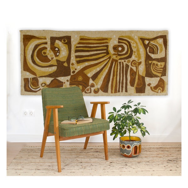 Mid century modern wall hanging, 60s tapestry with abstract pattern 29" x 68" Mid century abstract wall art, Brown - beige