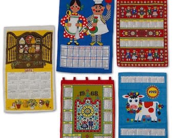 Vintage Tea Towel Calendars, Set of 5 70s Printed Cotton Dishcloths, Kitsch Retro Kitchen Decor