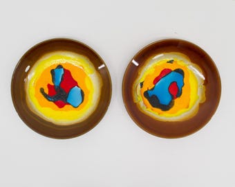 Vintage 70s Ceramic Wall Plates: Pair of Bold Psychedelic Bright Glaze Decorative Pottery