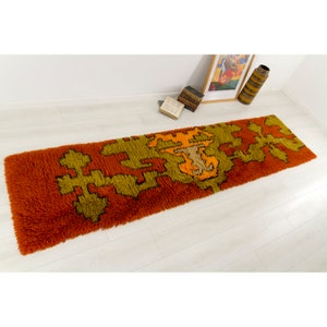 Mid century rya runner rug or wall hanging tapestry with abstract design, Vintage 1960s home decor
