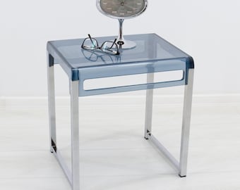 Space Age Chrome Side Table | Marc Berthier for Prisunic 1970s | Smoked Blue Acrylic End Table | Retro Nightstand French Vintage Furniture