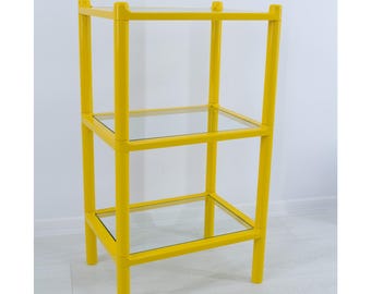 Italian Postmodern Shelving Unit | Vintage Yellow Gedy Shelf | 80s Memphis Style Glass Bedside Table | Pop Art Retro Space Age Decor