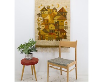 Vintage 70s Handwoven Tapestry in Mustard Yellow & Brown: Geometric Village Wall Art