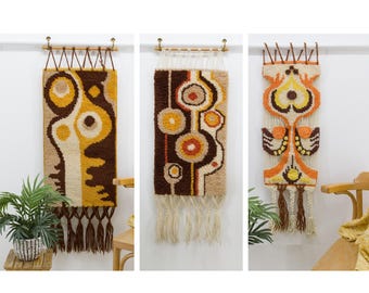70s Wall Hanging Tufted Tapestry • Funky Space Age Pop Art Decor • Mustard & Brown Narrow Vertical Wall Art • Retro Boho Macrame Fringe