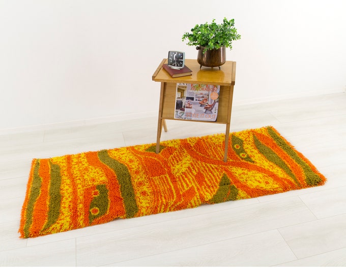 Mid Century Modern Rya Rug, Abstract Bedside Rug From 60s - Yellow ...