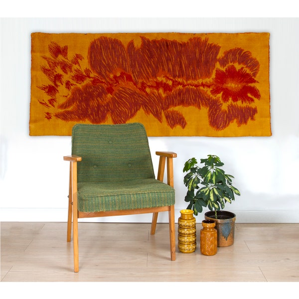Mid century wall art, Abstract tapestry in red and yellow, European vintage wall hanging 1960s