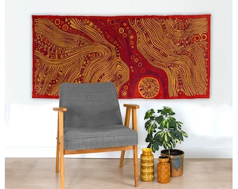 Mid century modern abstract tapestry, 60s wall hanging with red and yellow abstract pattern