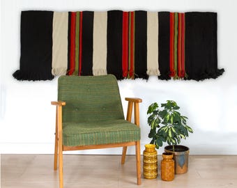 Vintage 70s Long Handwoven Tapestry: Red Black White Striped Boho Runner