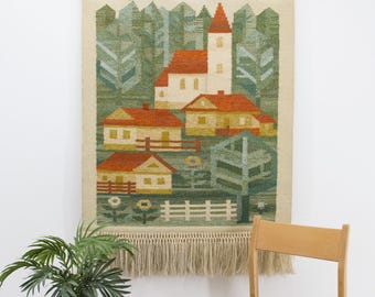 Vintage 70s Handwoven Tapestry: Geometric Village Landscape Wall Art in Green & Red