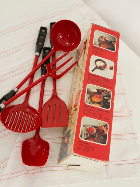 Vintage Red Plastic Kitchen Utensils, Pedrini Kitchen Tools 5 Pcs Italian  Design, Retro 1980s 