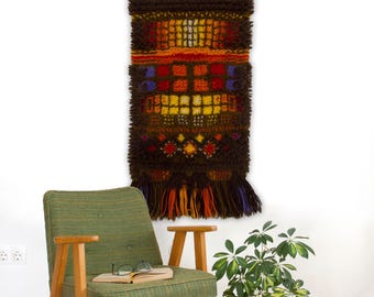 Vintage 70s Smyrnafix Latch Hook Tapestry in Dark Brown and Orange - Brutalist Wall Decor