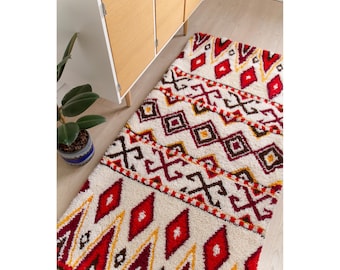 Vintage Boho Shag Rug Tapestry | 72" Geometric Latch Hook Wall Hanging | Mid Century Modern Tribal Throw | Cozy Red & Gold Retro MCM Decor