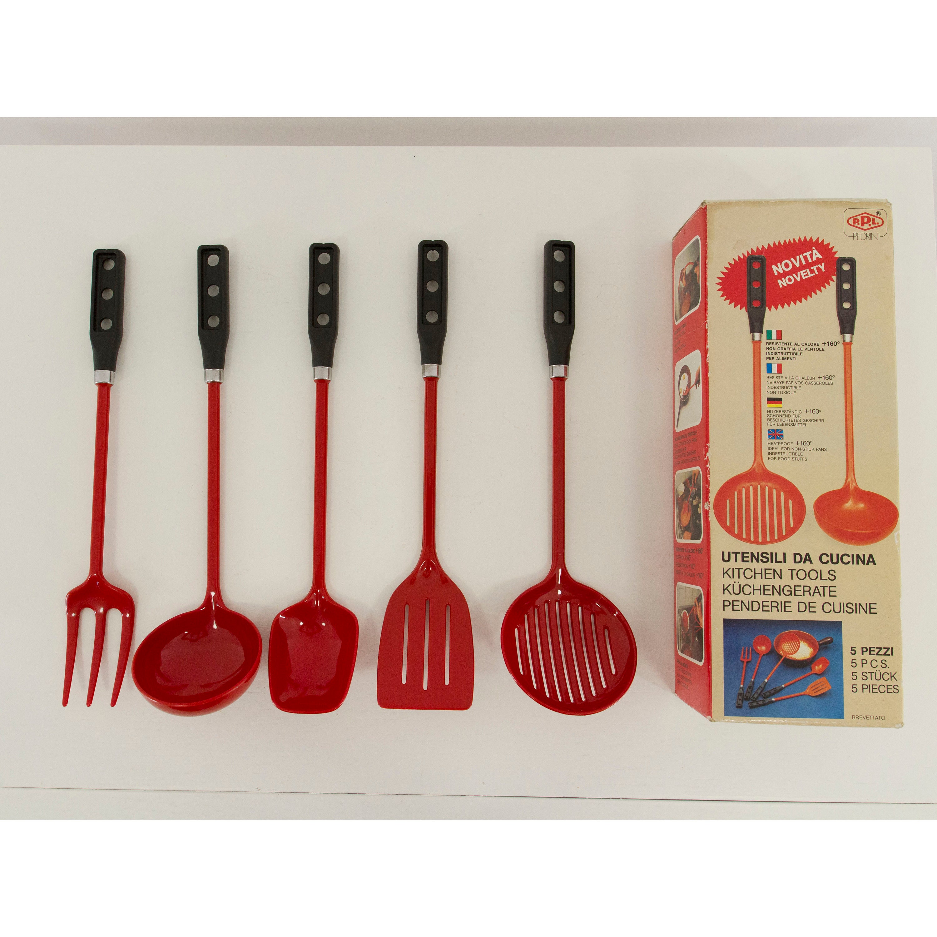 Vintage Red Plastic Kitchen Utensils, Pedrini Kitchen Tools 5 Pcs Italian  Design, Retro 1980s 