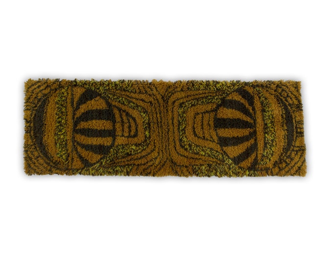 Mid Century Modern Rya Rug, 60s Brown Abstract Runner Rug With Long ...