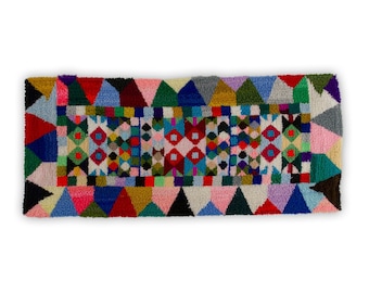 Mid century rya rug - wall hanging, Colorful busy geometric design, 1960s rug or tapestry