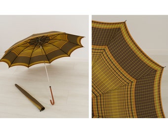 Parapluie vintage des années 50 et 60, parapluie à carreaux marron en parfait état, parapluie du milieu du siècle