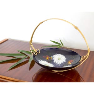 60s Vintage brass dish, Mid century modern metal enamel dish with golden handle