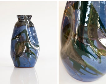 Mid century ceramic vase, Abstract pottery, Thomas Buxo vase in black and blue