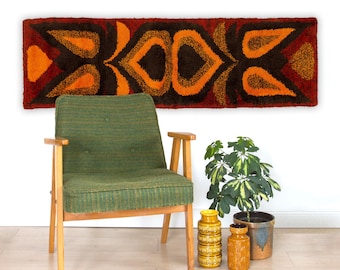 Mid Century Modern Tapestry | 68" Vintage Rya Rug Wall Hanging | Abstract Geometric Orange Shag Rug | Boho Tufted Wall Art Retro 60s Decor