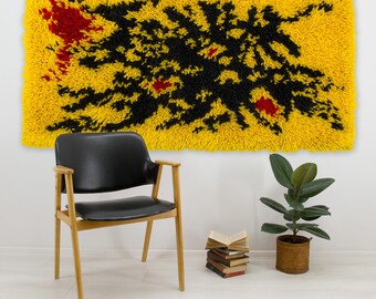 Yellow Rya Rug Tapestry | Mid Century Tapestry Wall Art | Extra High Pile Shag Wall Hanging | Abstract MCM Pop Art Vintage Decor