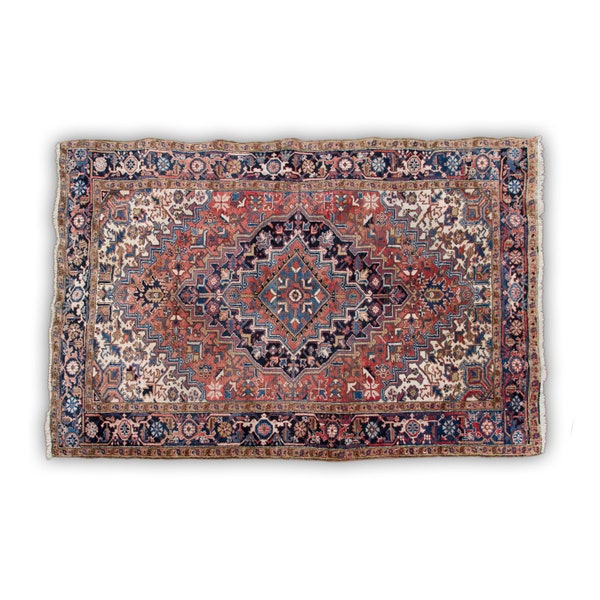 Antique Persian Heriz Rug, Hand knotted Wool rug 7' x 10', Coral - Blue - Beige - Pink Heriz area rug