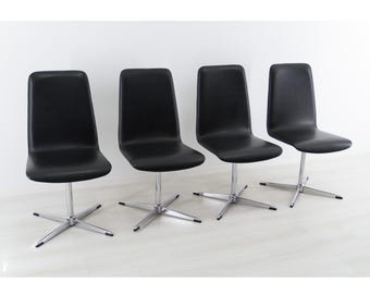 Vintage Chrome Dining Chairs 4x | Black Faux Leather Space Age Chairs with Star Base