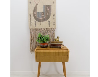 Vintage Scandinavian Wall Tapestry | Handwoven Wool Bird Rug with Macrame Fringe | Eva Nemeth Boho Neutral Decor | Mid Century Folk Art