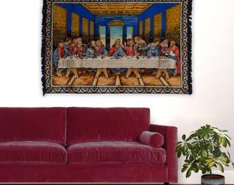 Vintage Large Last Supper Tapestry: Religious Da Vinci Velvet Wall Art in Cobalt Blue, 1960s