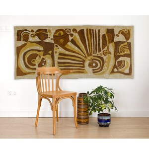 Mid century modern wall hanging, 60s tapestry with abstract pattern 29" x 68" Mid century abstract wall art, Brown - beige