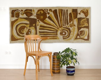 Mid century modern wall hanging, 60s tapestry with abstract pattern 29" x 68" Mid century abstract wall art, Brown - beige