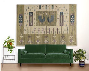 Extra Large Vintage Wool Tapestry by Eva Nemeth | Mid-Century Scandinavian Wall Hanging | Geometric Folk Rug