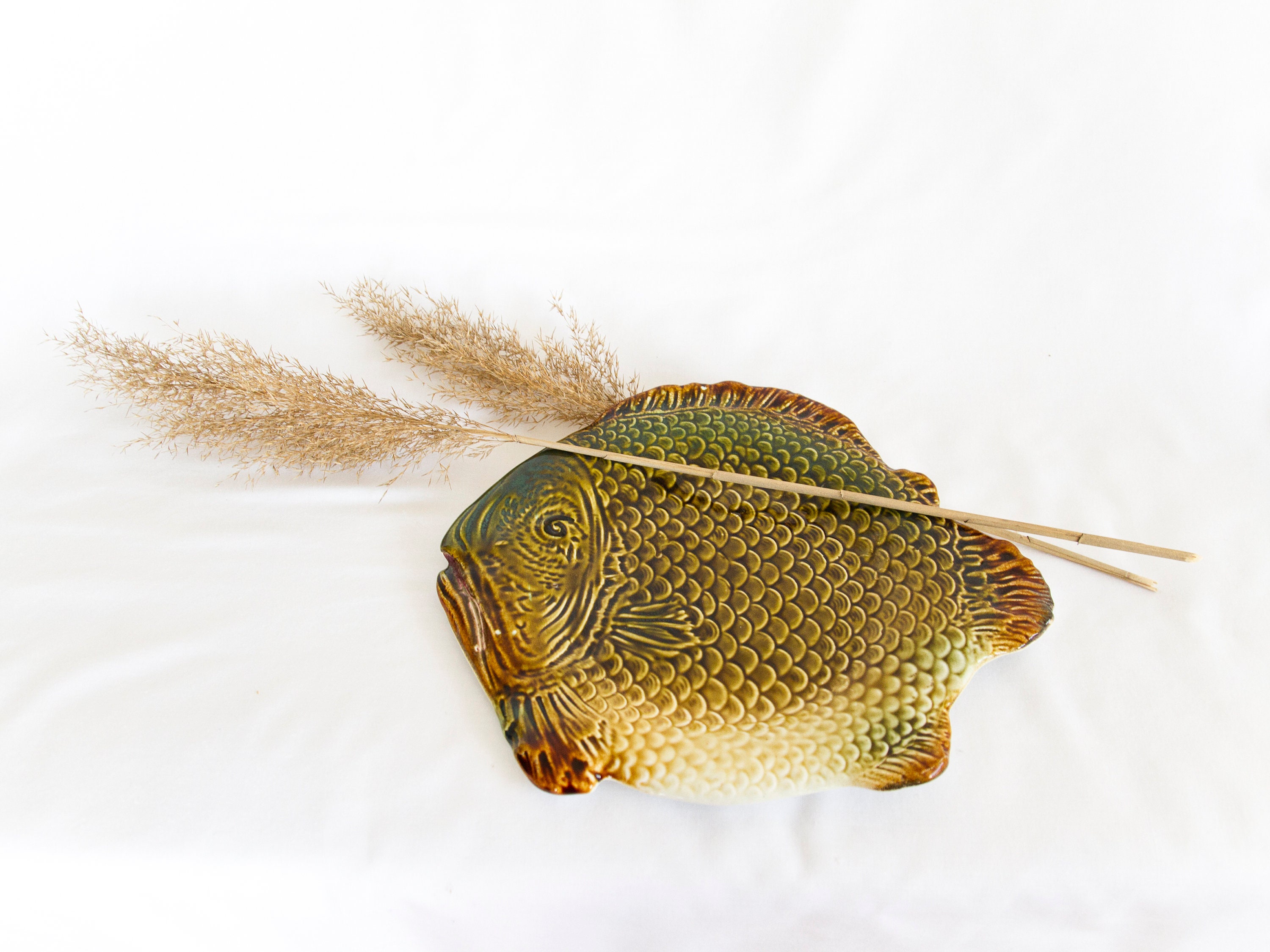 Fish plate Vintage Fish shaped plate Olive green fish dish Etsy