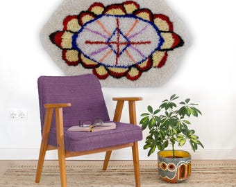 Vintage Latch Hook Wall Hanging: Colorful Shag Rug, 1970s Mid Century Bohemian Tapestry Art