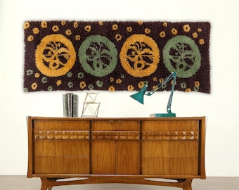 Vintage 70s Latch Hook Runner, Mid-Century Modern Shag Tapestry in Brown, Mustard and Mint