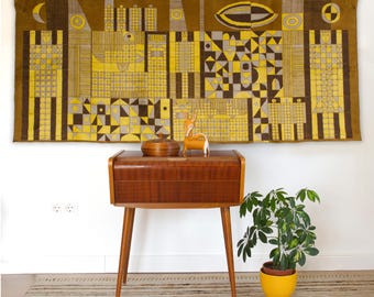 Space Age Geometric Tapestry | 69" Mid Century Modern Wall Art | Abstract Cityscape Wall Hanging | Retro 60s Yellow Living Room Decor