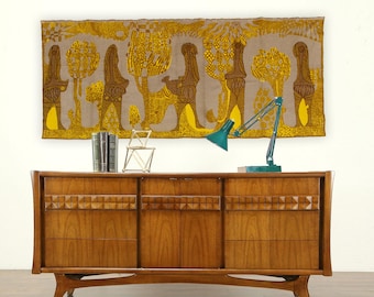 Mid Century Modern Tapestry | 67" Abstract Folk Art Wall Hanging | Organic MCM Wall Art | Mustard Yellow & Brown Retro Living Room Decor