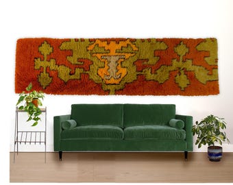 Extra Long Vintage Wall Tapestry 104" | MCM Shag Rya Runner Rug from 70s | Latch Hook Headboard with Retro Maximalist Op-Art Decor in Orange