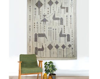 Signed Eva Nemeth Wall Tapestry | Large Scandinavian Style Rug | Muted Modern Folk Art | Quiet Luxury Mid Century Textile Headboard