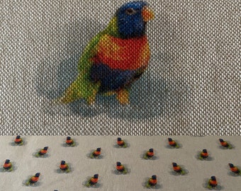 Rainbow Parrot Fabric - Linen Look Digital Design with matching cushion panel