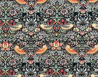 May include: A repeating pattern featuring orange birds, pink flowers, and green leaves on a dark background. The design includes stylized floral and avian elements, creating a vintage aesthetic. The pattern is symmetrical and detailed.