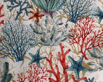 Coral & Starfish Cotton Panama Fabric: Vibrant Craft Material
