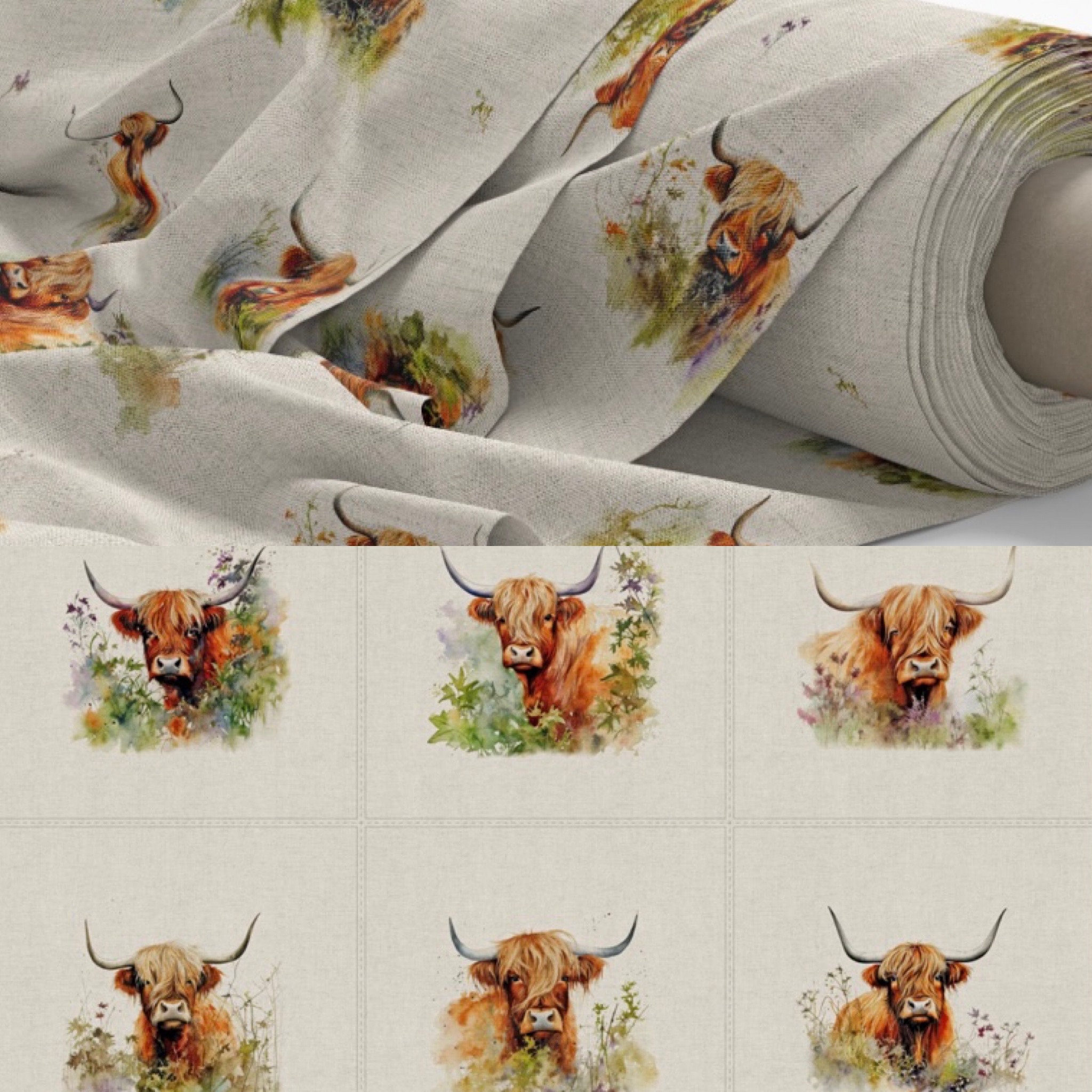 Highland Cow Floral Fabric, Fabric by the Yard, Cate and Rainn, Avaleigh Highland  Cow, Quilting Cotton, Bamboo, Canvas, Spandex, Rib Knit 