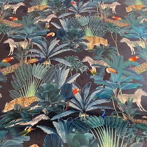 Jungle Print Velvet Fabric - Navy Background