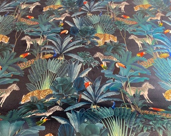 Jungle Print Velvet Fabric - Navy Background