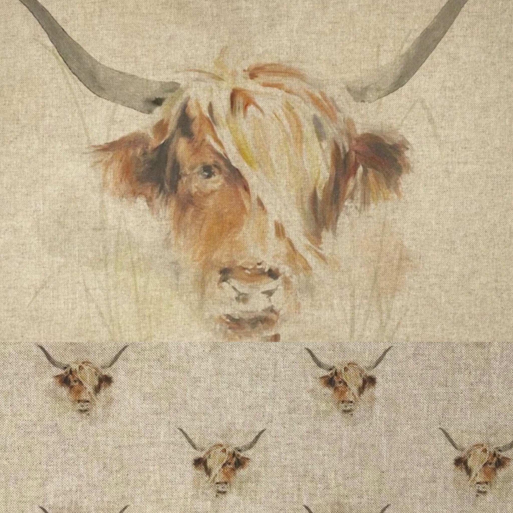 Highland Cow Fabric Linen Look With Matching Cushion Panel 